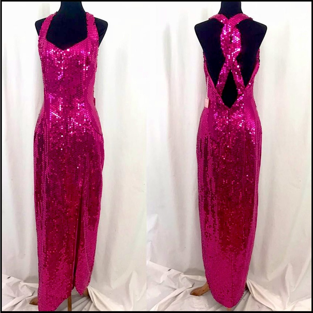 Nadine Full Length Fuschia Pink Sequin Gown Vintage 1980s NWT - Picture 1 of 10